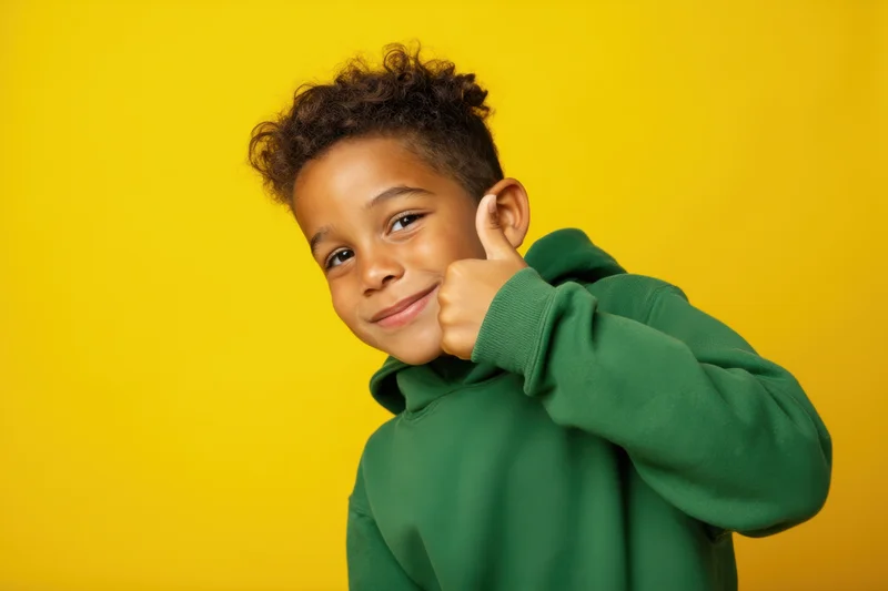 Young boy smiling and giving thumbs up in green hoodie against yellow background