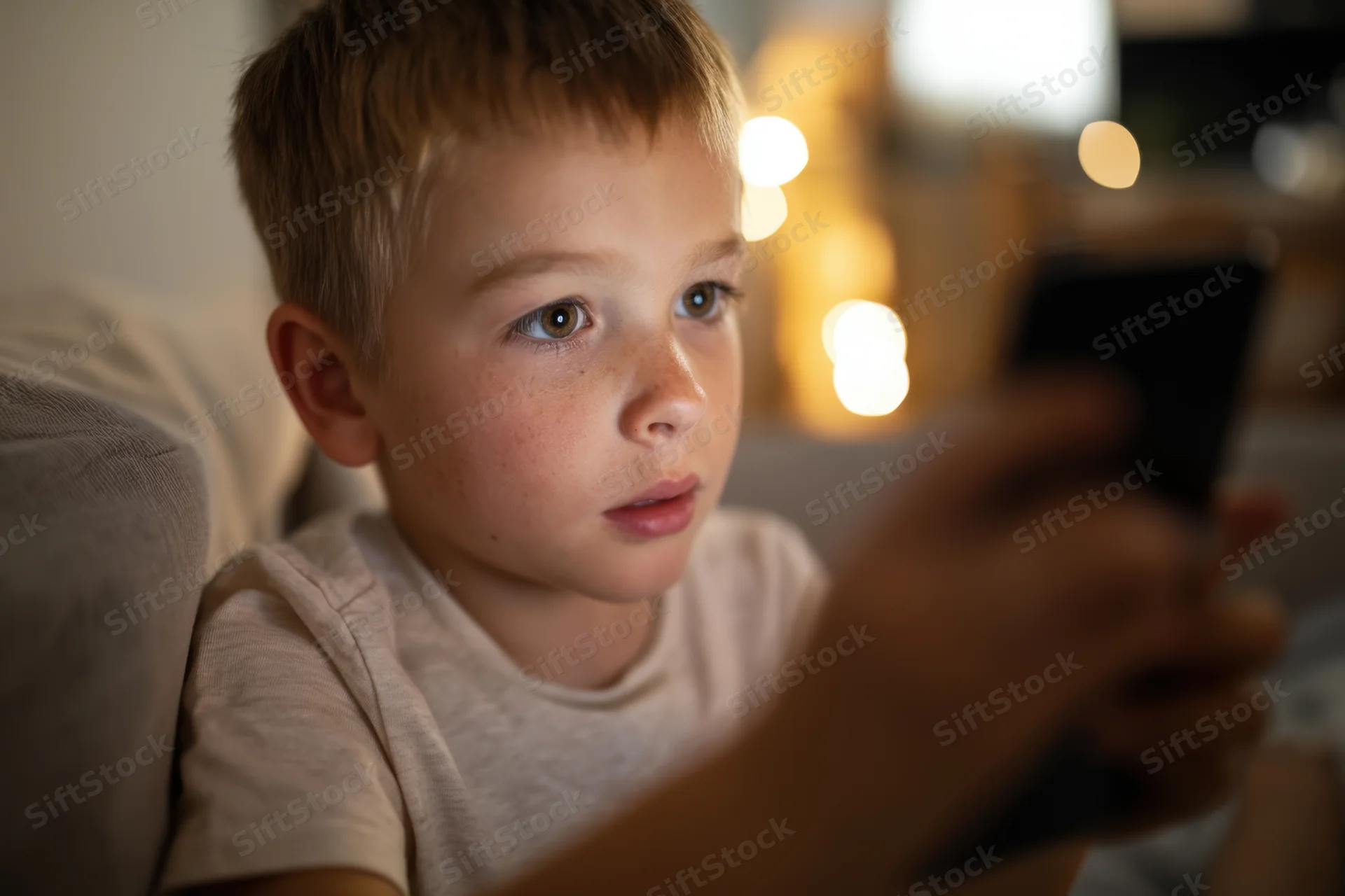 Young boy sitting on soft couch holding smartphone and looking at screen with focused expression