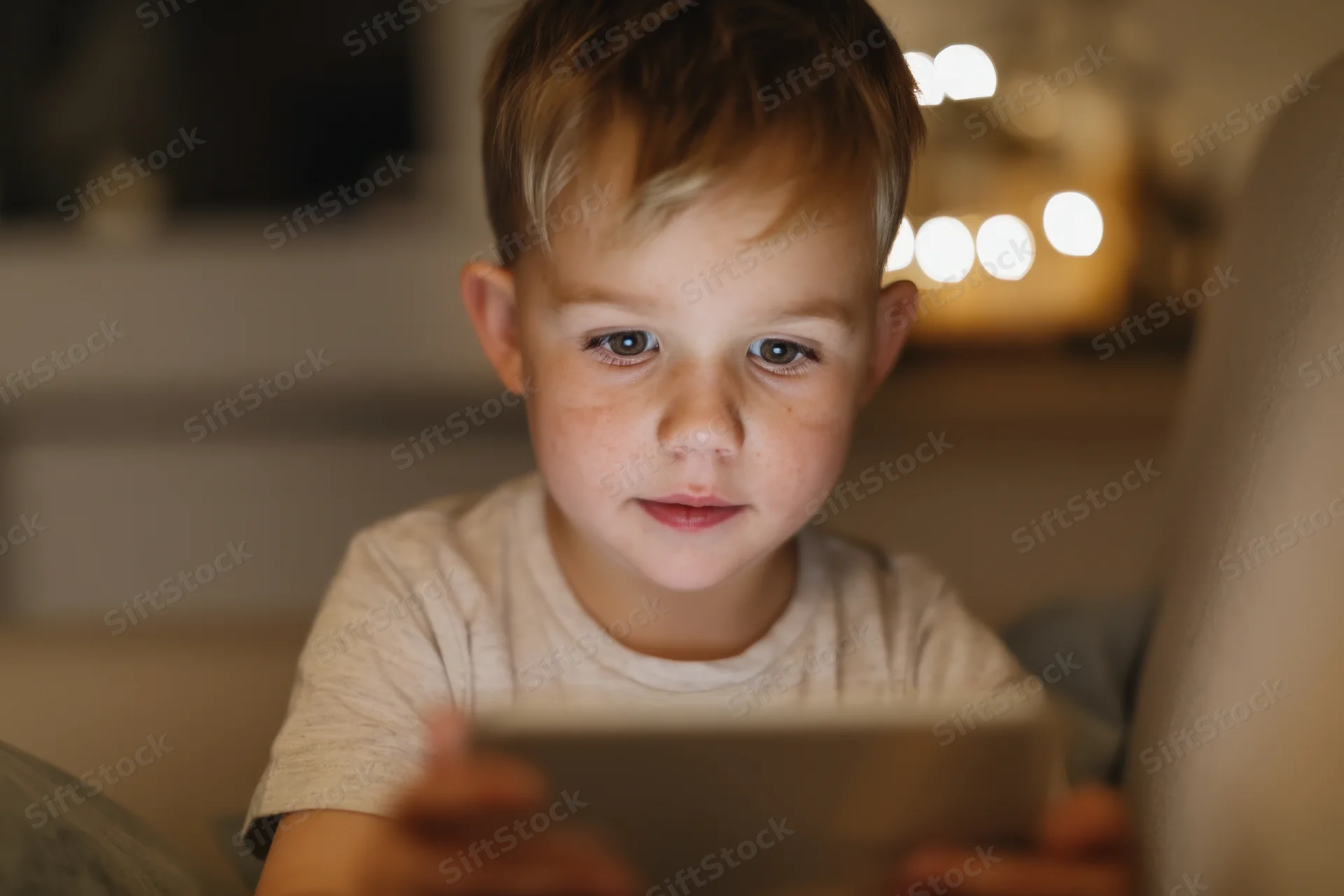 Young boy sitting on a soft couch holding a tablet device in a dimly lit living room