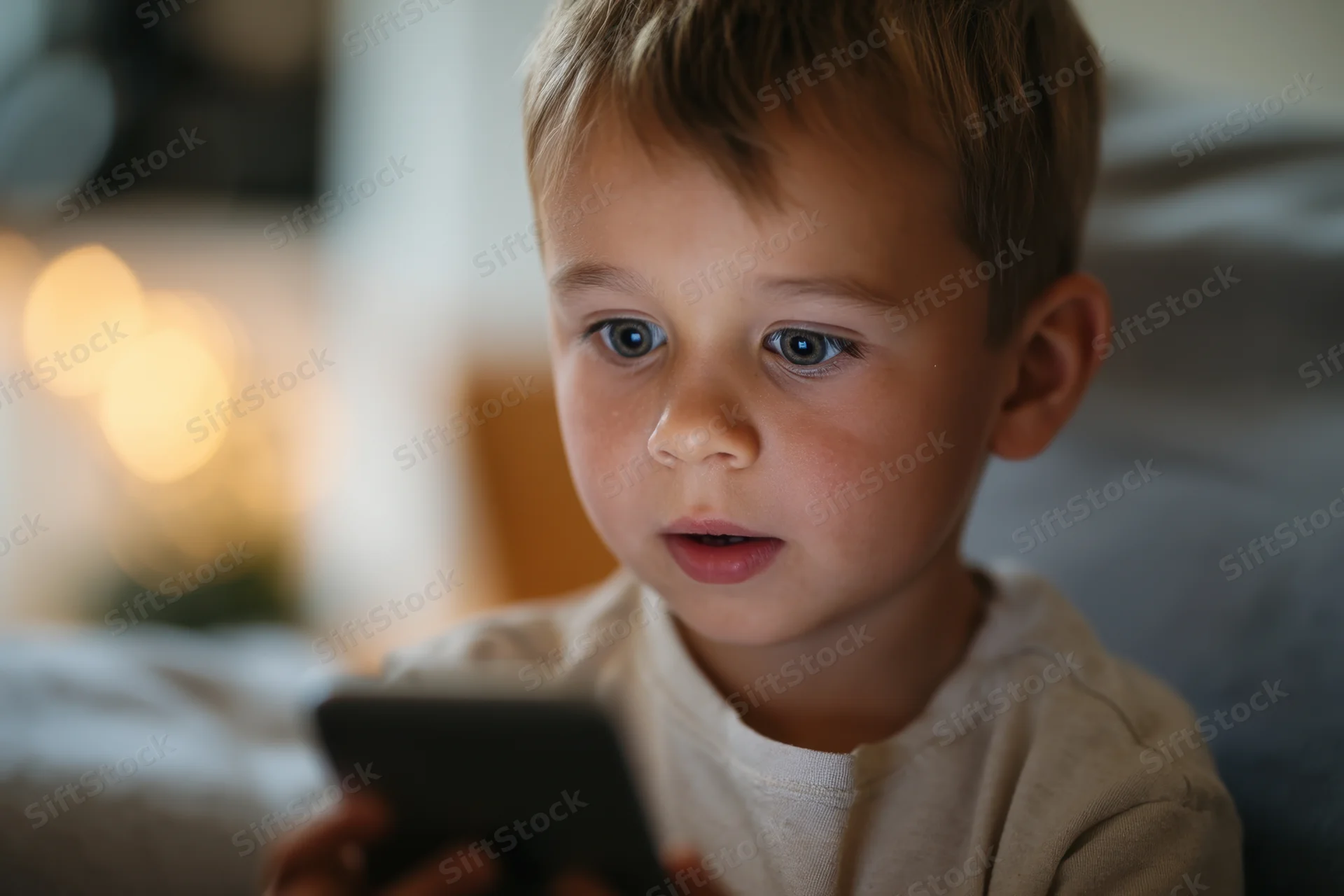 Young boy sitting on soft couch holding smartphone with focused expression