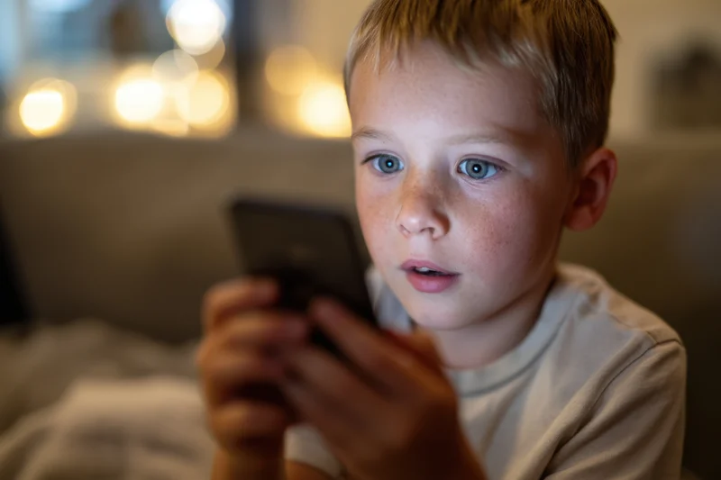 Young boy sitting on a soft couch holding a smartphone and focusing on the screen