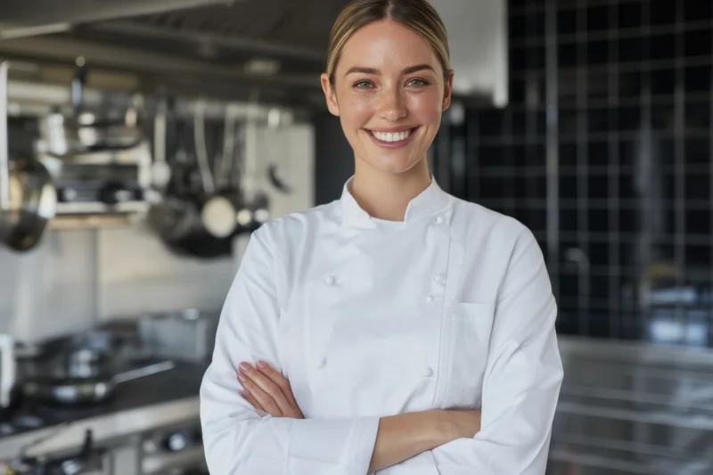 Young female chef standing confidently with arms crossed in modern kitchen