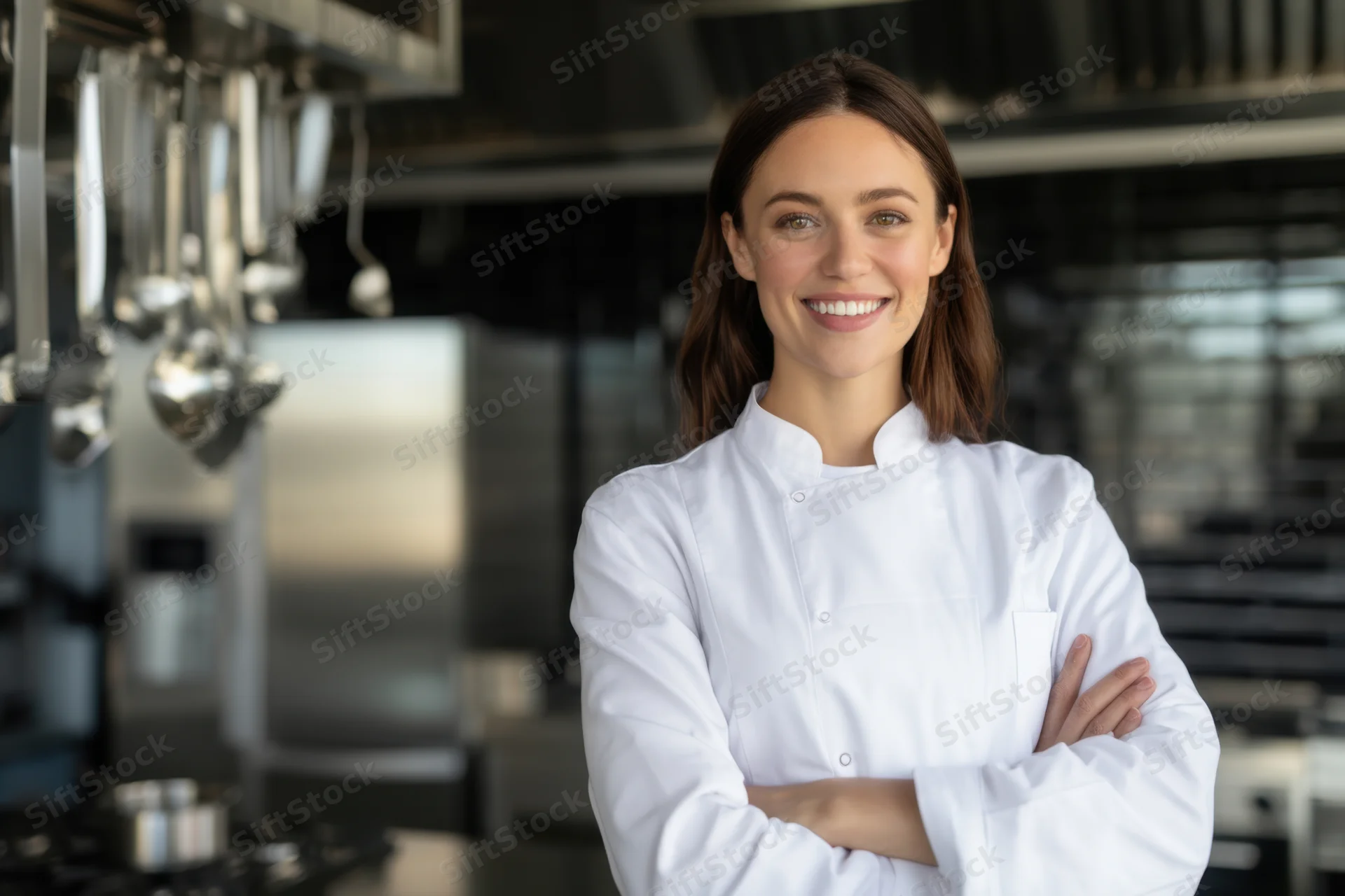 Young female chef standing confidently with arms crossed in modern kitchen