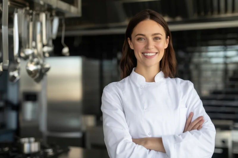 Young female chef standing confidently with arms crossed in modern kitchen