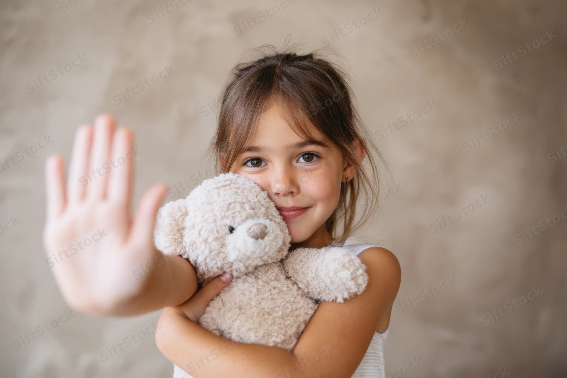 Young girl holding teddy bear and waving with one hand while smiling