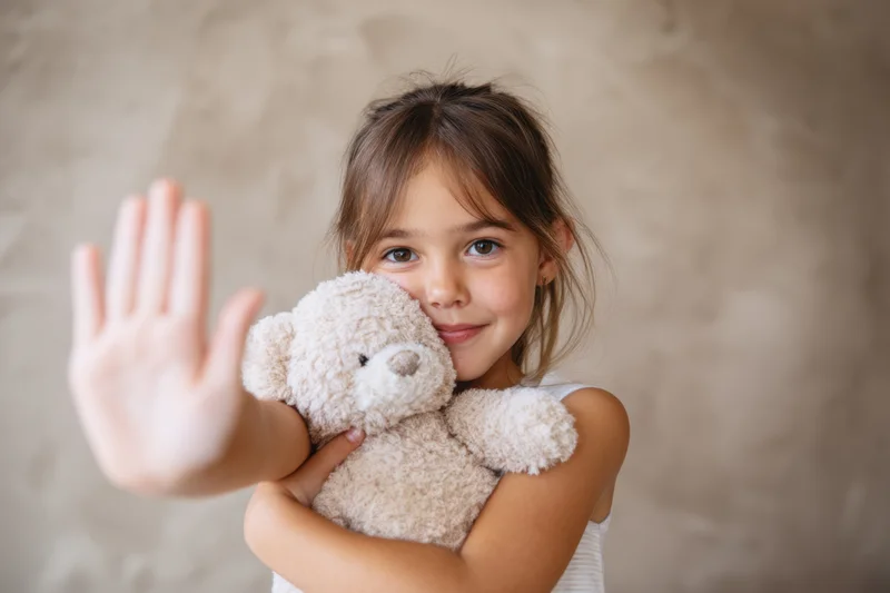 Young girl holding teddy bear and waving with one hand while smiling