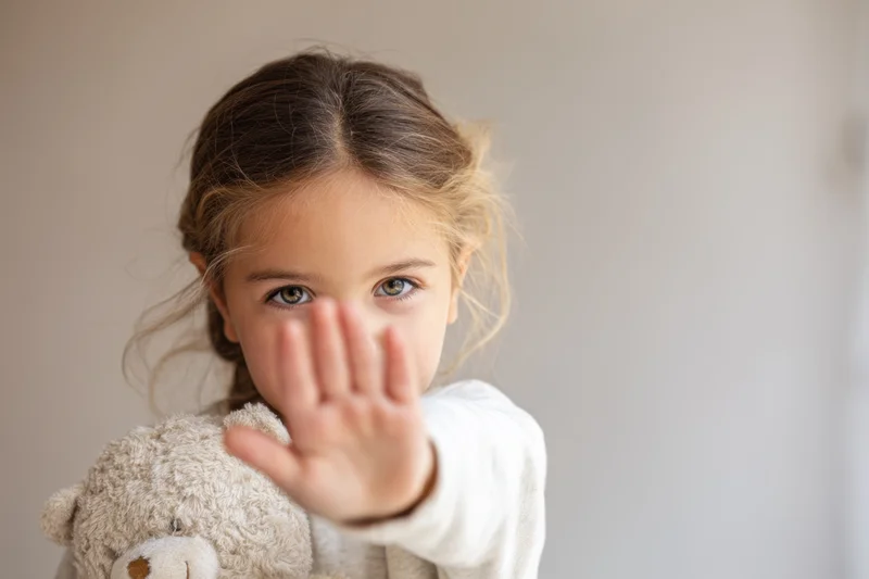 Young girl holding teddy bear and extending hand in stop gesture indoors