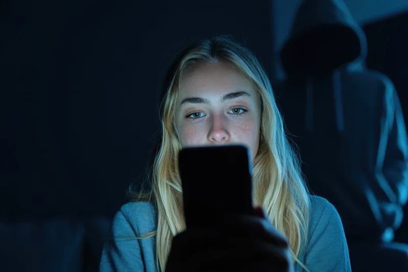 Young girl illuminated by smartphone screen in dark room holding device with hooded figure in background