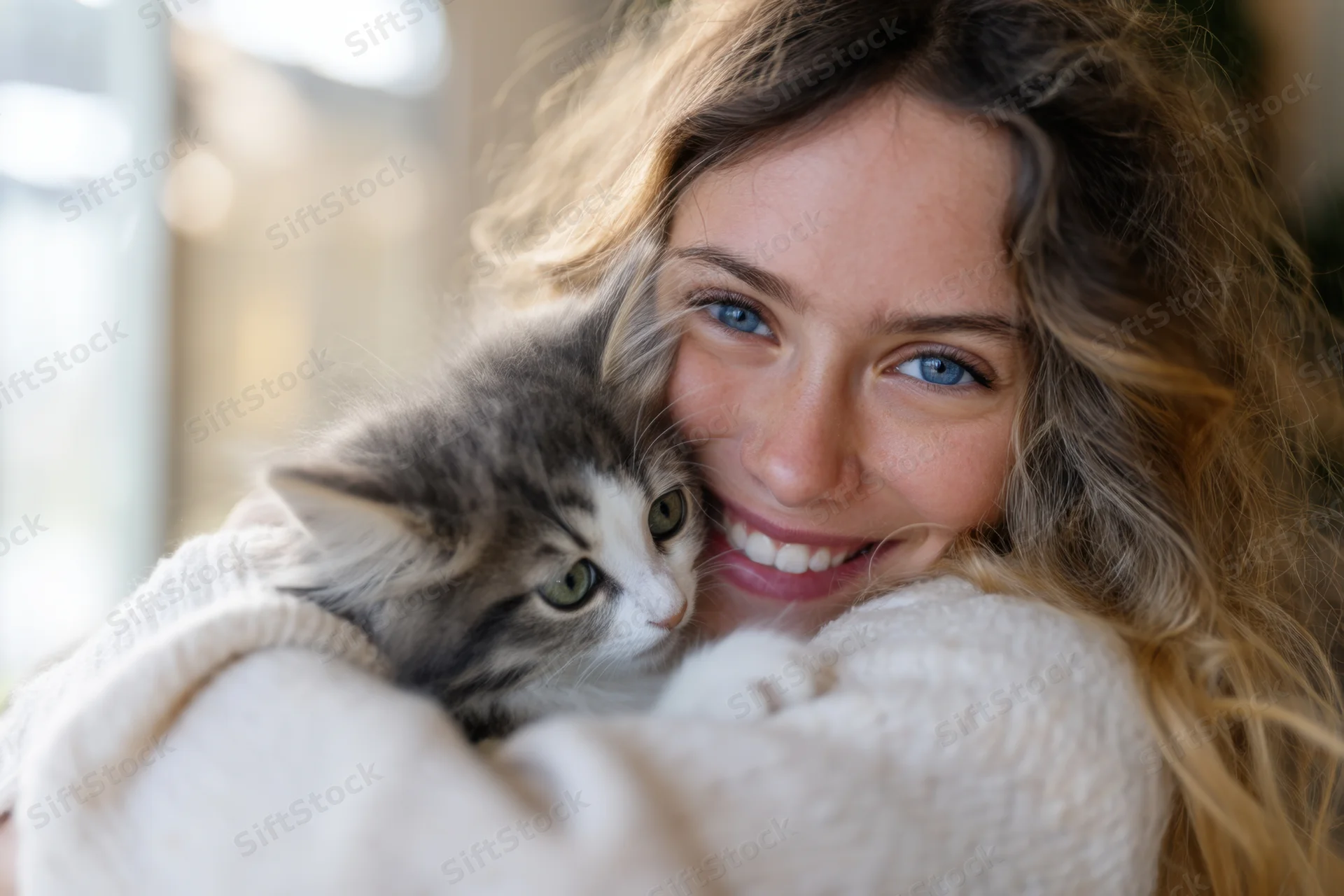 Young woman smiling while hugging a fluffy gray and white kitten indoors