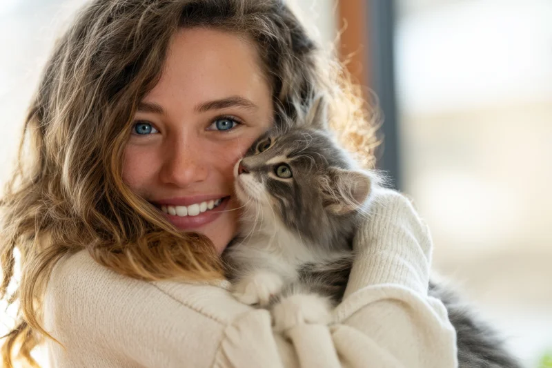 Young woman smiling while hugging a fluffy kitten indoors