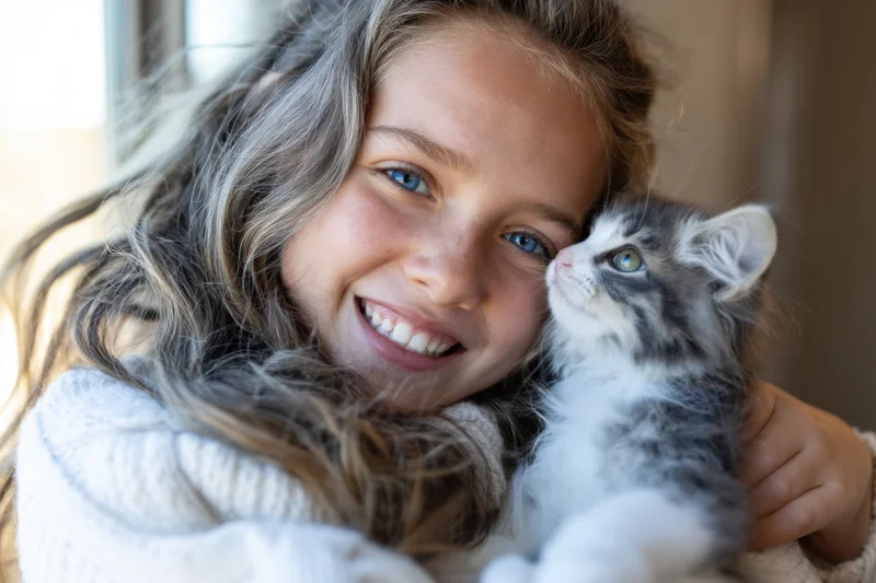 Young girl smiling while hugging a fluffy gray and white kitten indoors
