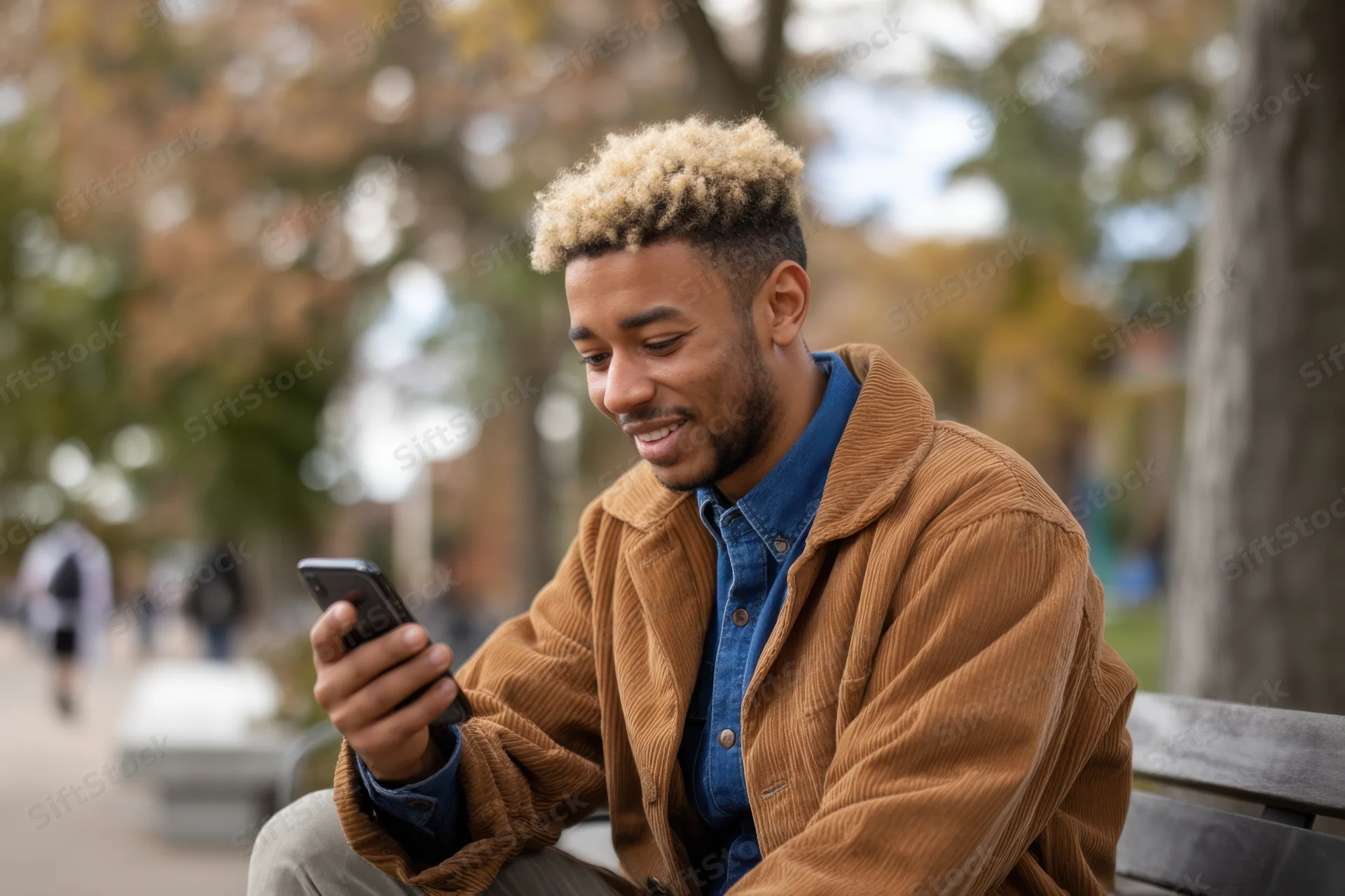 Young black man smiling while using smartphone on park bench in autumn