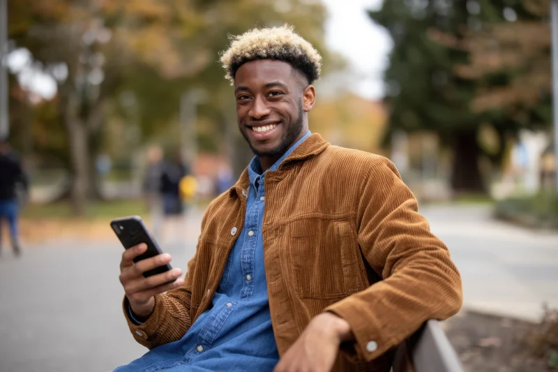 Young black man smiling while sitting on outdoor bench holding smartphone