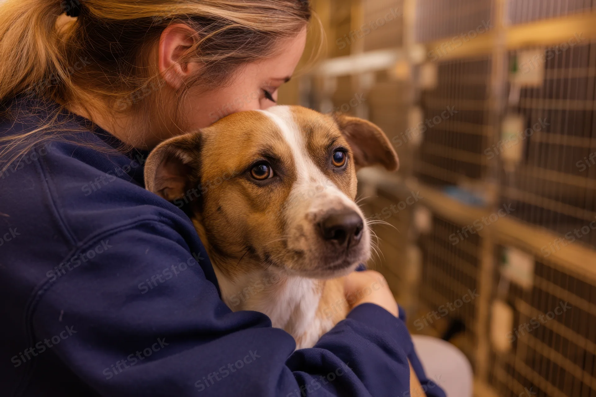 Young woman hugging a brown and white dog in an animal shelter kennel