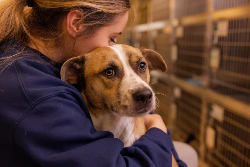 Young woman hugging a brown and white dog in an animal shelter kennel