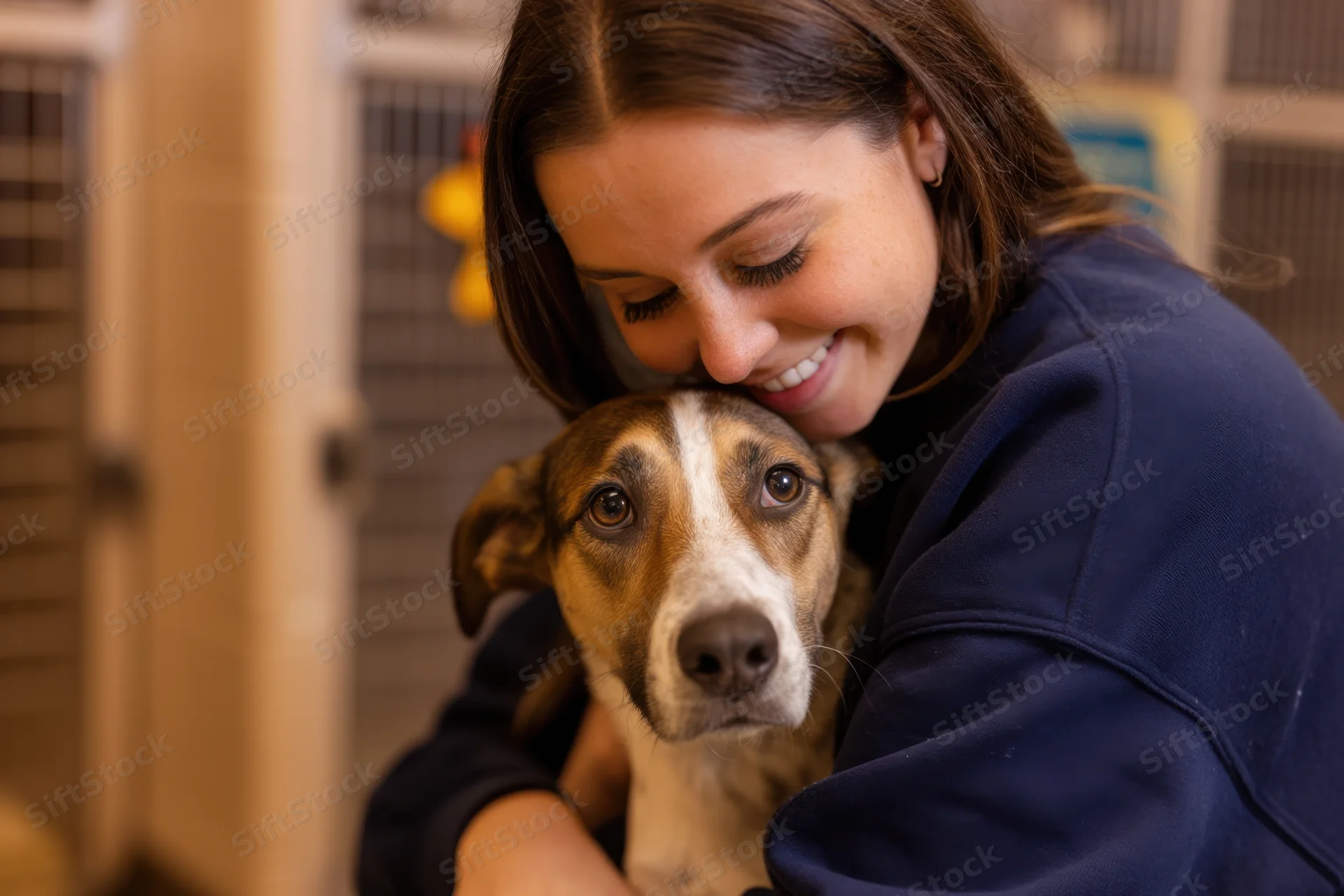 Young woman hugging a medium-sized brown and white dog in an animal shelter kennel