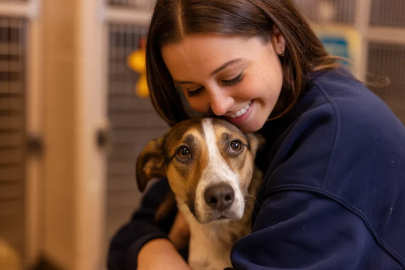 Young woman hugging a medium-sized brown and white dog in an animal shelter kennel