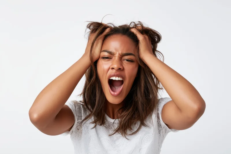 Young black woman screaming with hands in her hair against white background