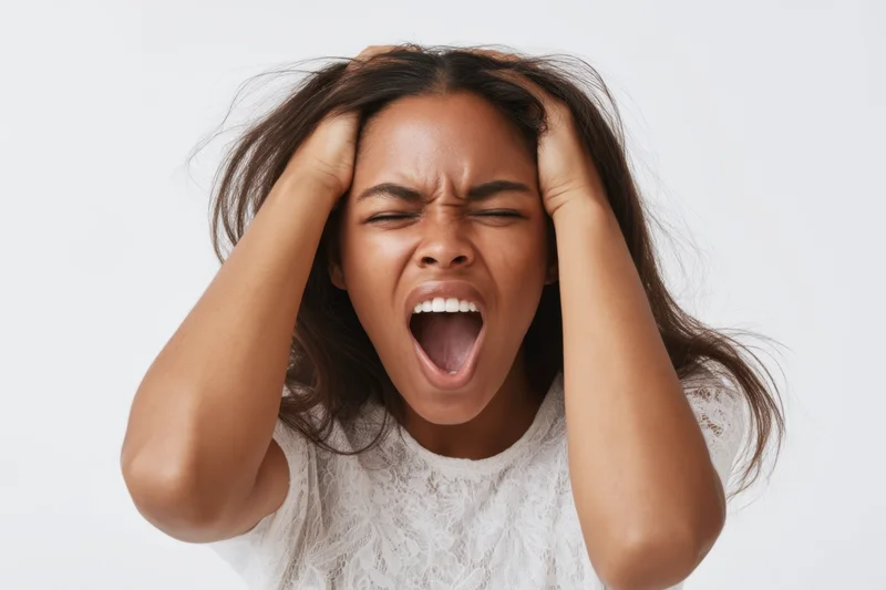 Young black woman screaming with hands in her hair in studio portrait