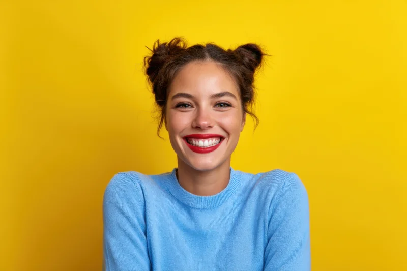 Young woman smiling with red lipstick and double buns in light blue sweater against yellow background