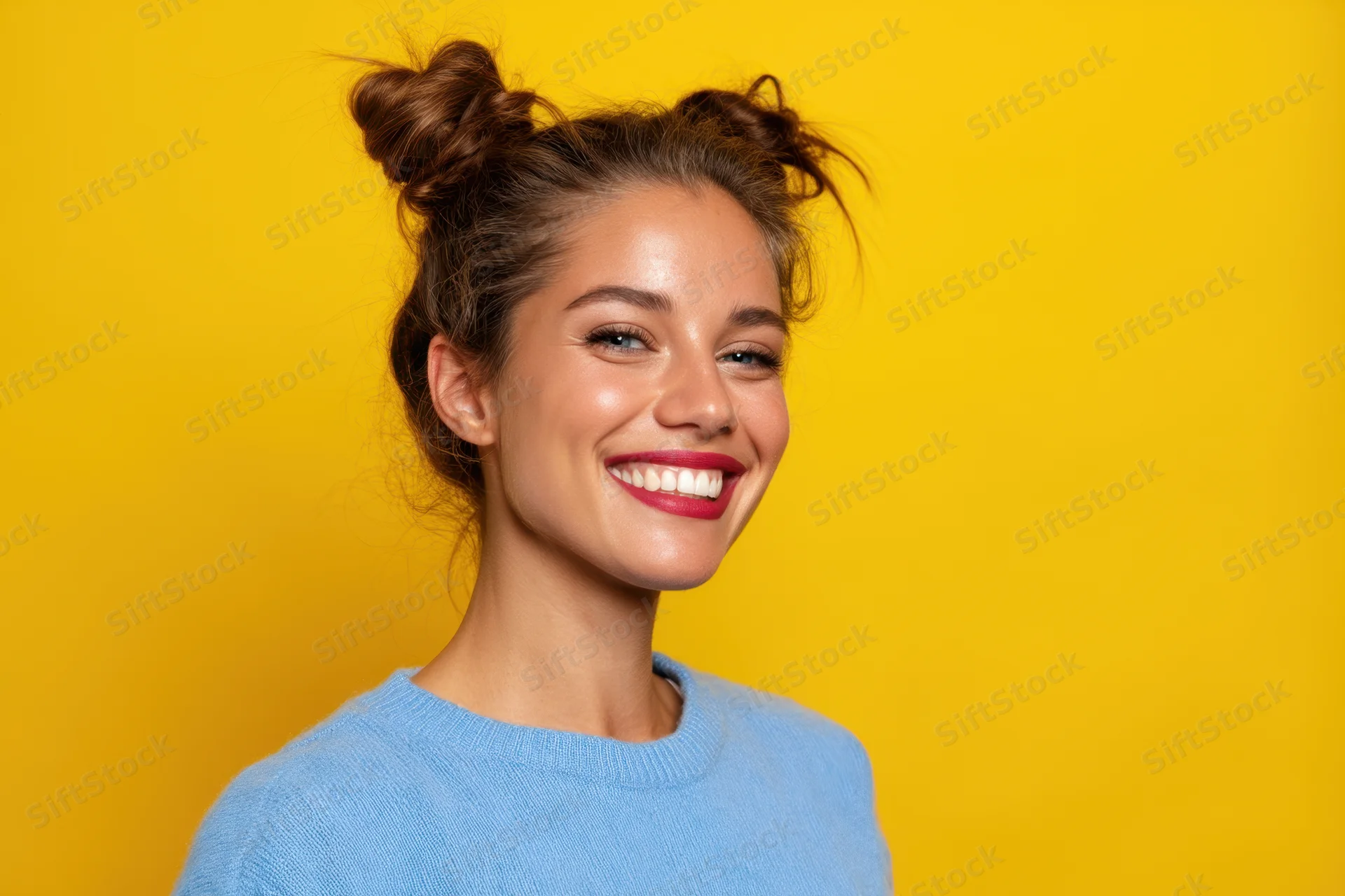 Young woman smiling with hair in two buns wearing light blue sweater against yellow background