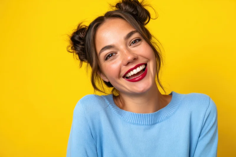 Young woman smiling joyfully in light blue sweater against yellow background