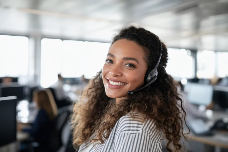 Smiling woman wearing headset in modern office workspace