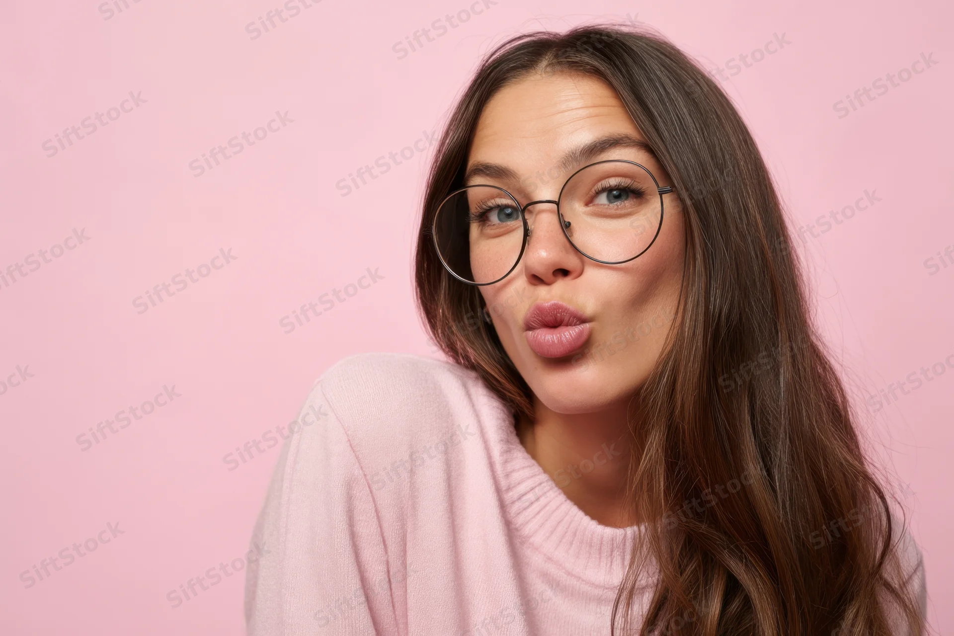 Young woman making playful facial expression with pouted lips and round glasses against pink background