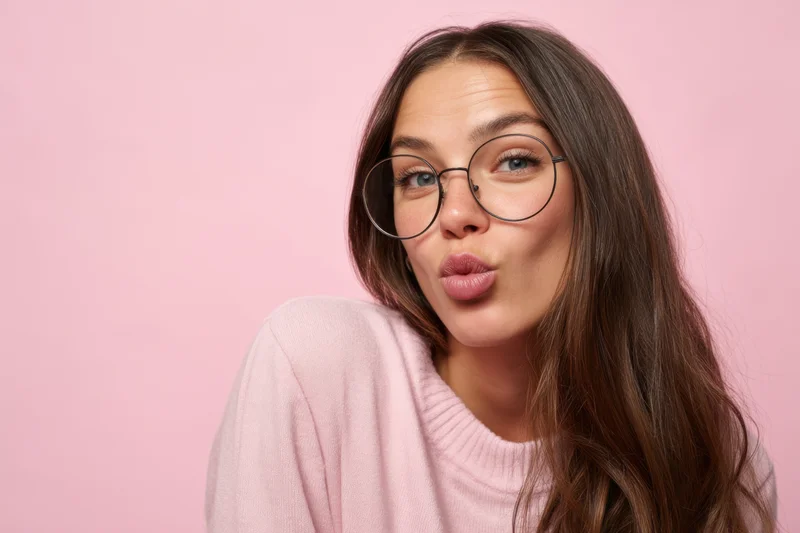 Young woman making playful facial expression with pouted lips and round glasses against pink background