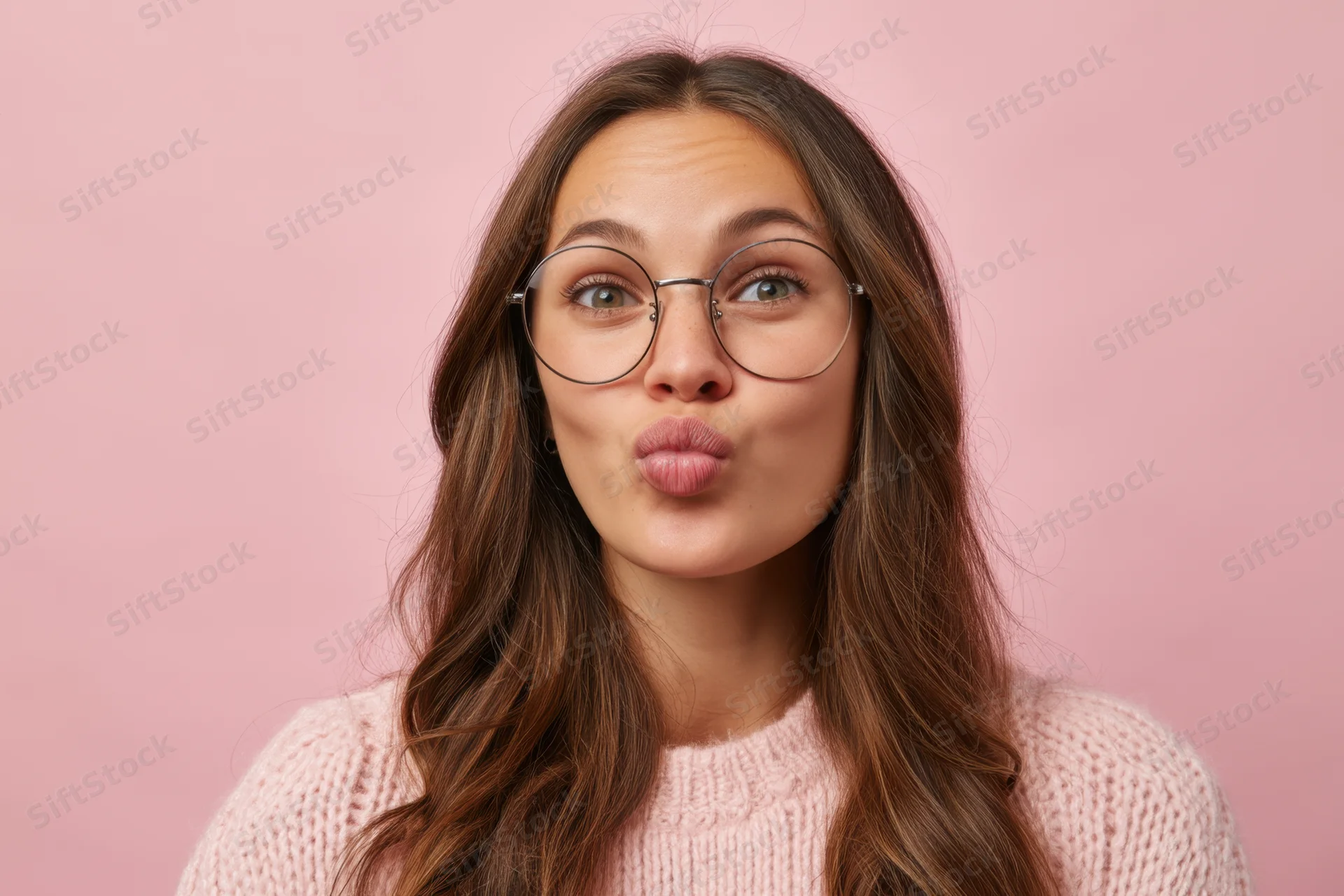 Young woman making playful pouting expression with lips and round glasses against pink background