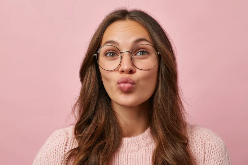 Young woman making playful pouting expression with lips and round glasses against pink background