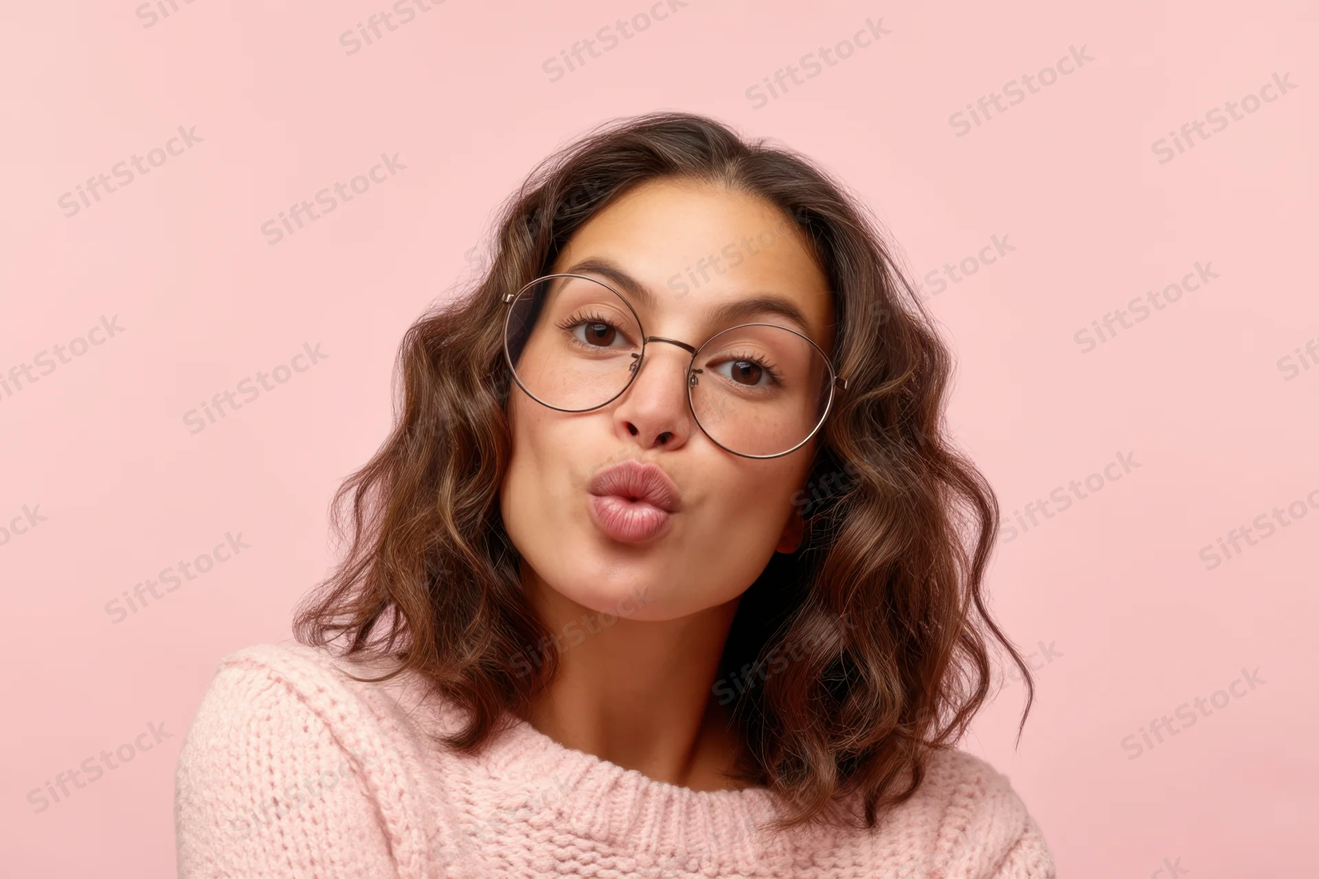 Young woman making playful pouting expression with round glasses and pink knit sweater against pink background