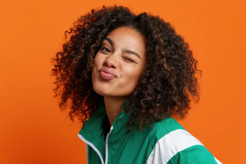 Young black woman making playful wink with curly hair against orange background wearing green and white jacket