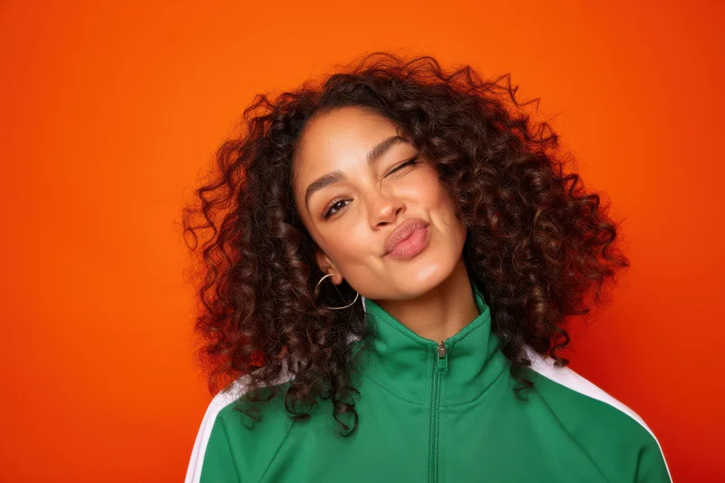 Young woman with curly hair winking playfully against orange background wearing green tracksuit