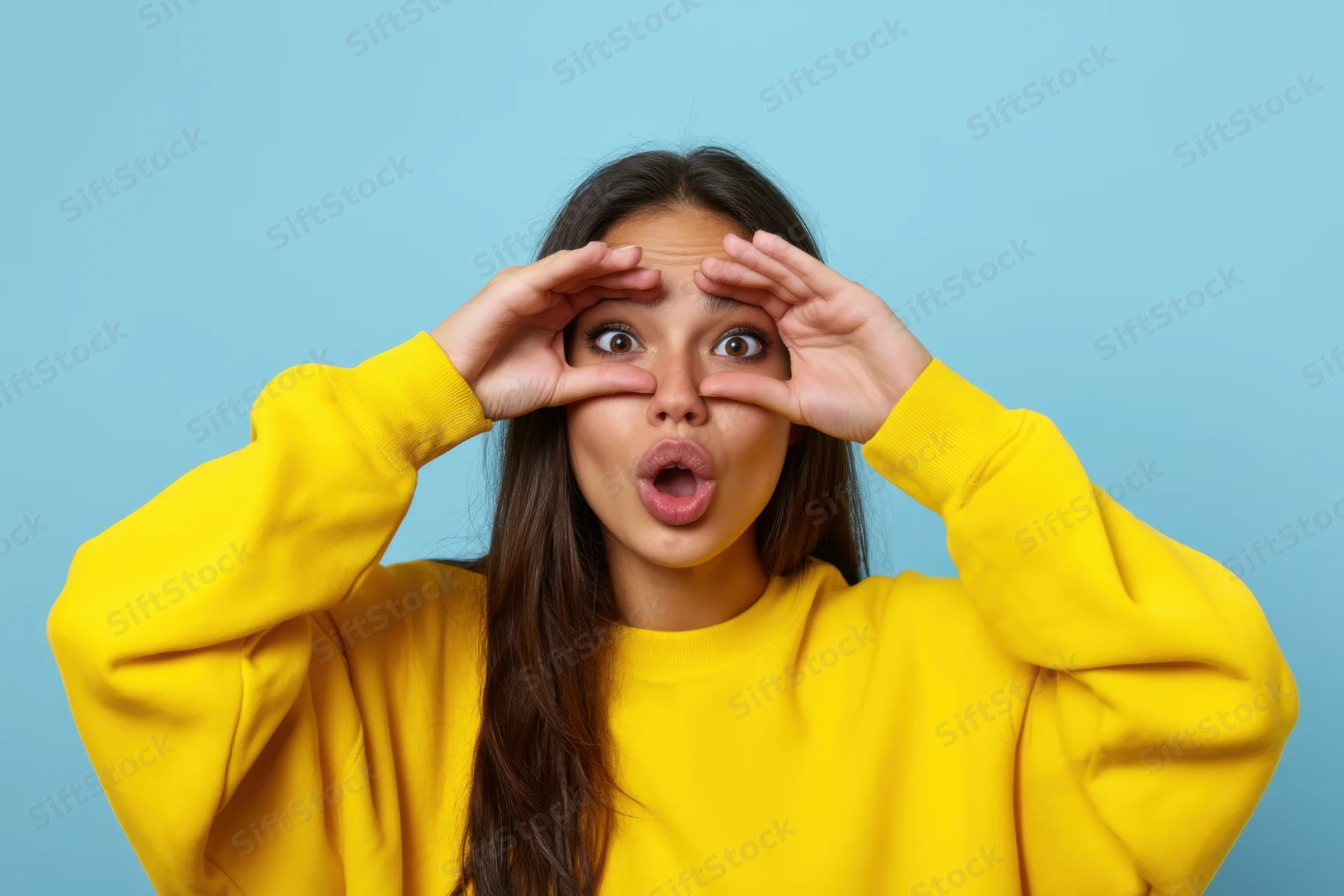 Young woman making binoculars gesture with hands over eyes in yellow sweatshirt against blue background