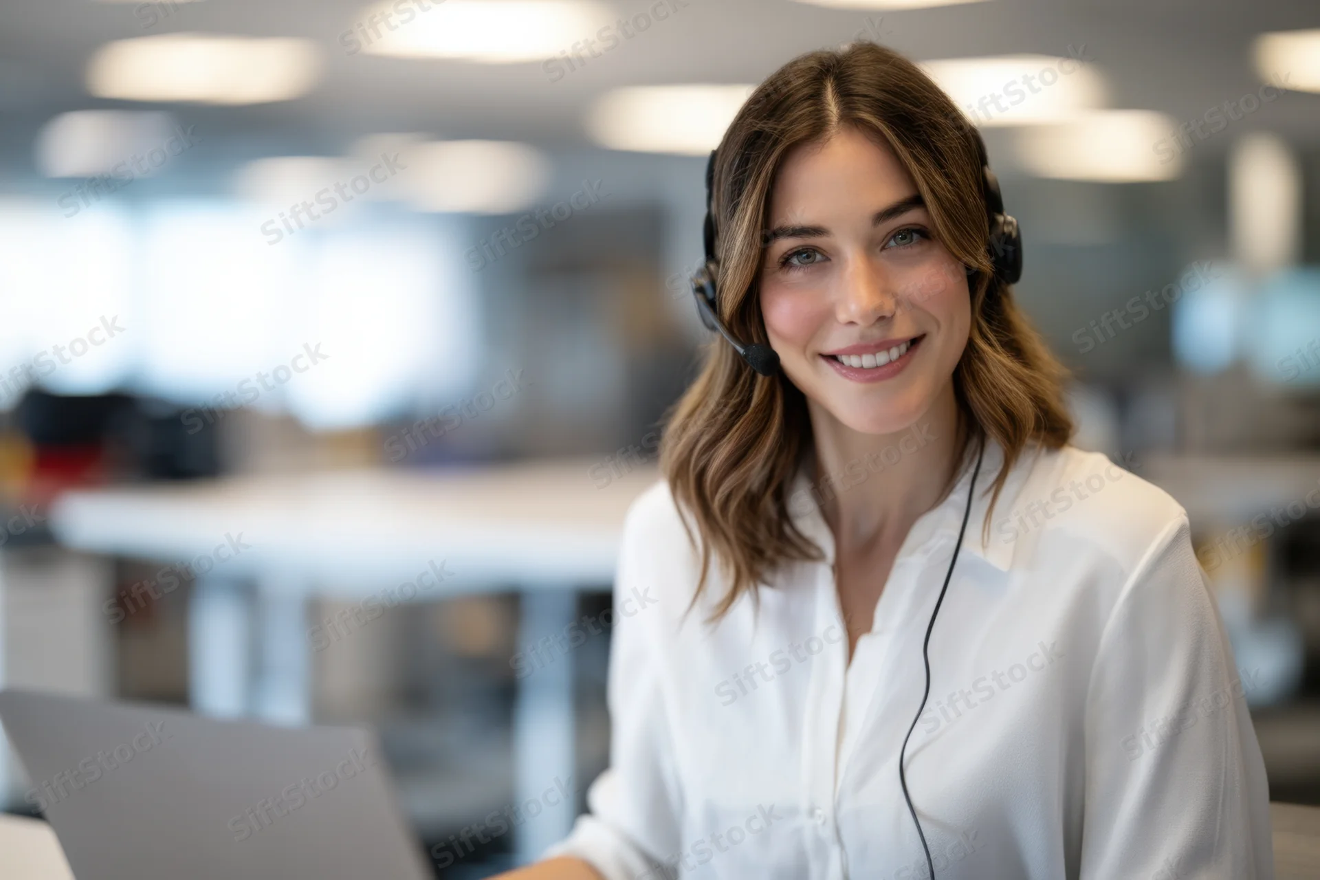 Young woman smiling while wearing headset at office desk with laptop
