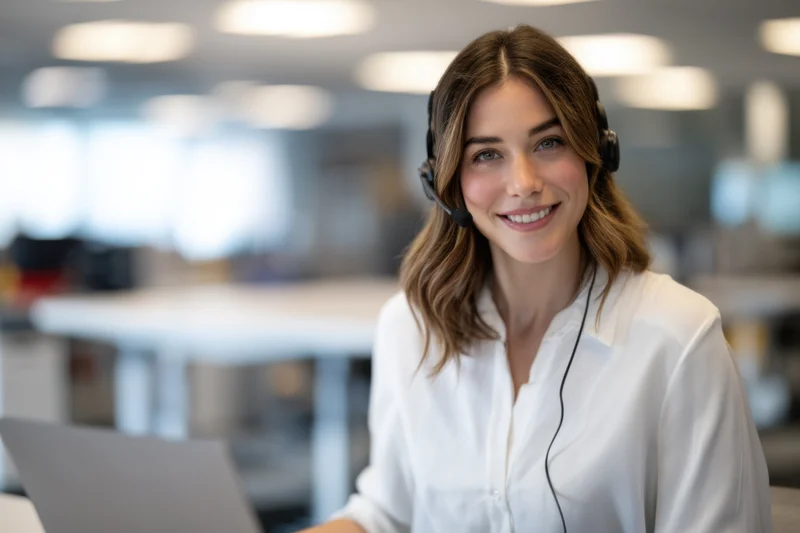 Young woman smiling while wearing headset at office desk with laptop