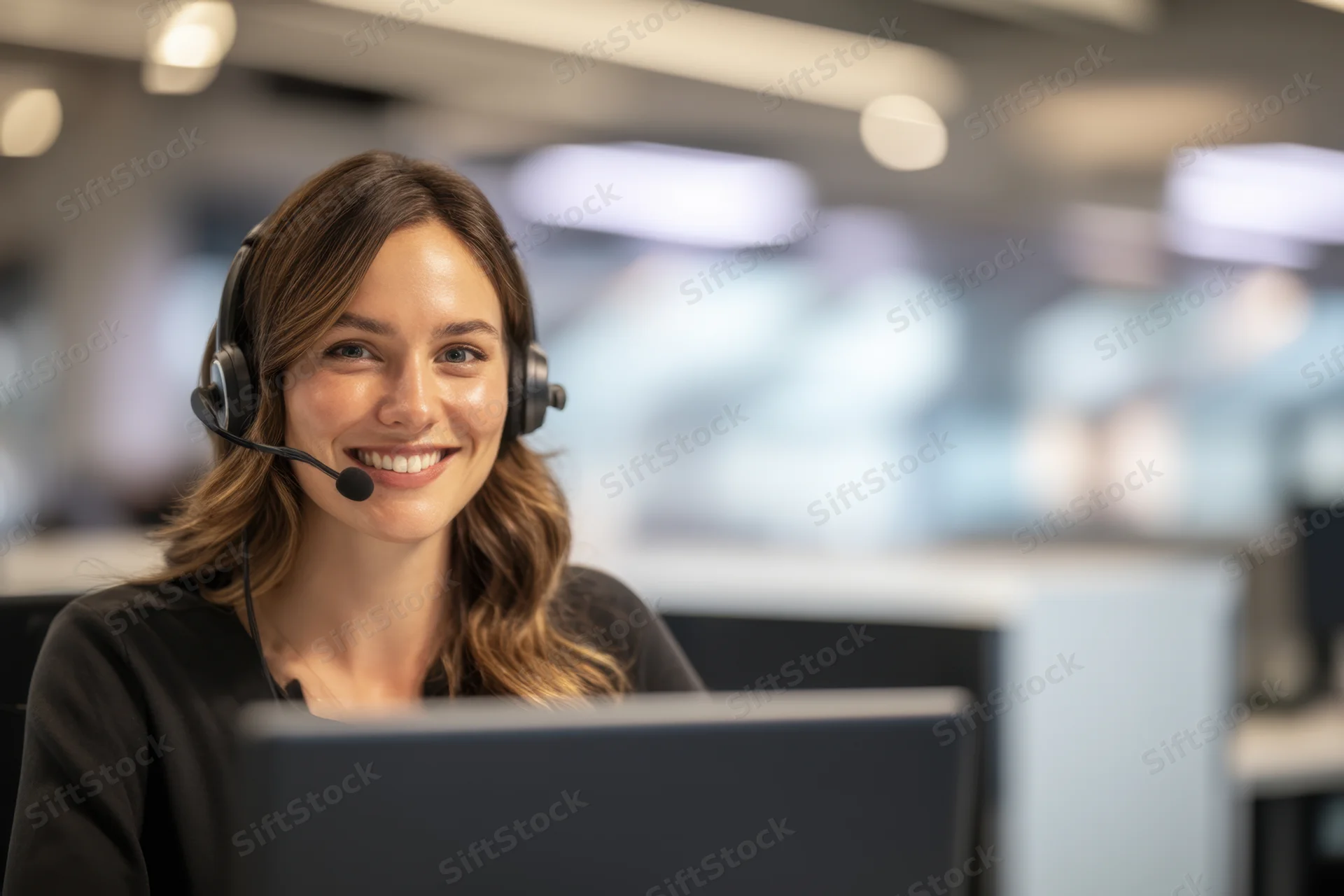 Young woman smiling while wearing headset at office desk with computer