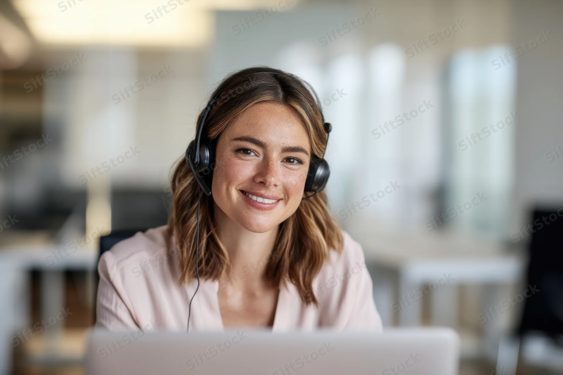 Young woman smiling while wearing headset at office desk with laptop