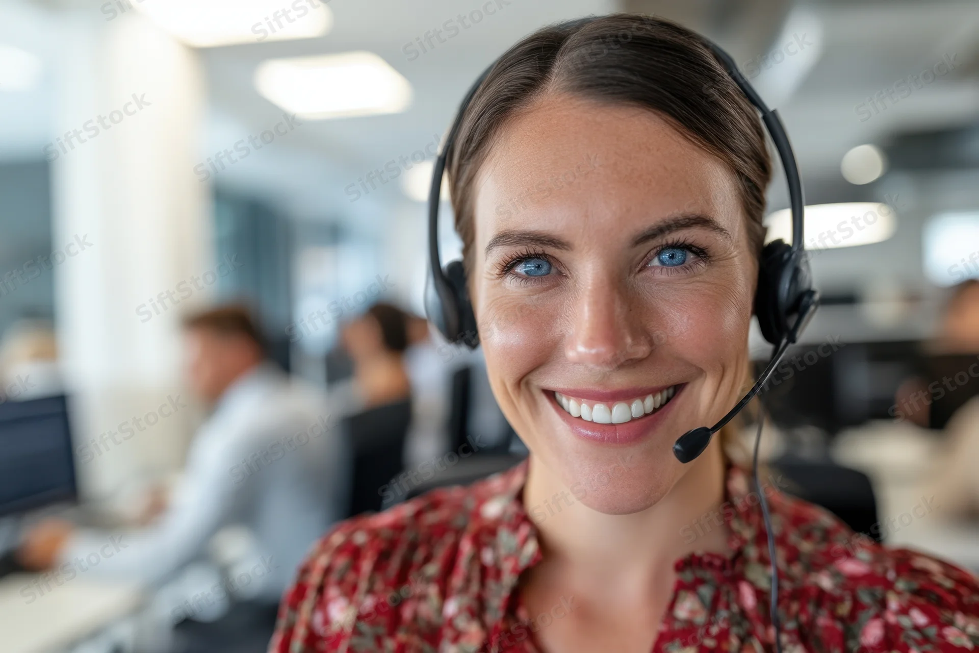 Woman wearing headset smiling in office call center environment