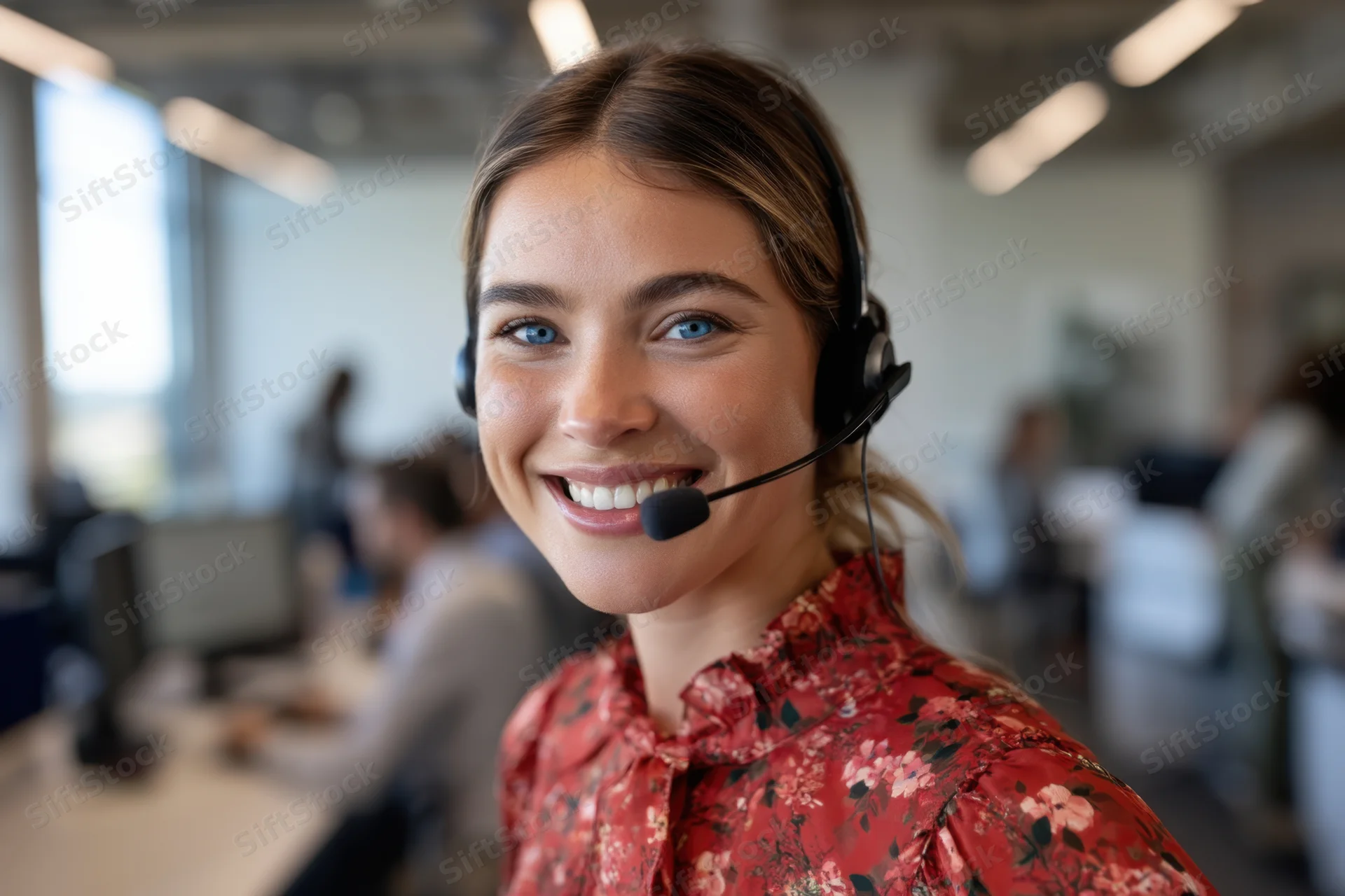 Young woman wearing headset smiling in office call center environment
