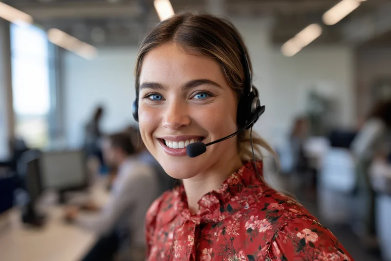 Young woman wearing headset smiling in office call center environment