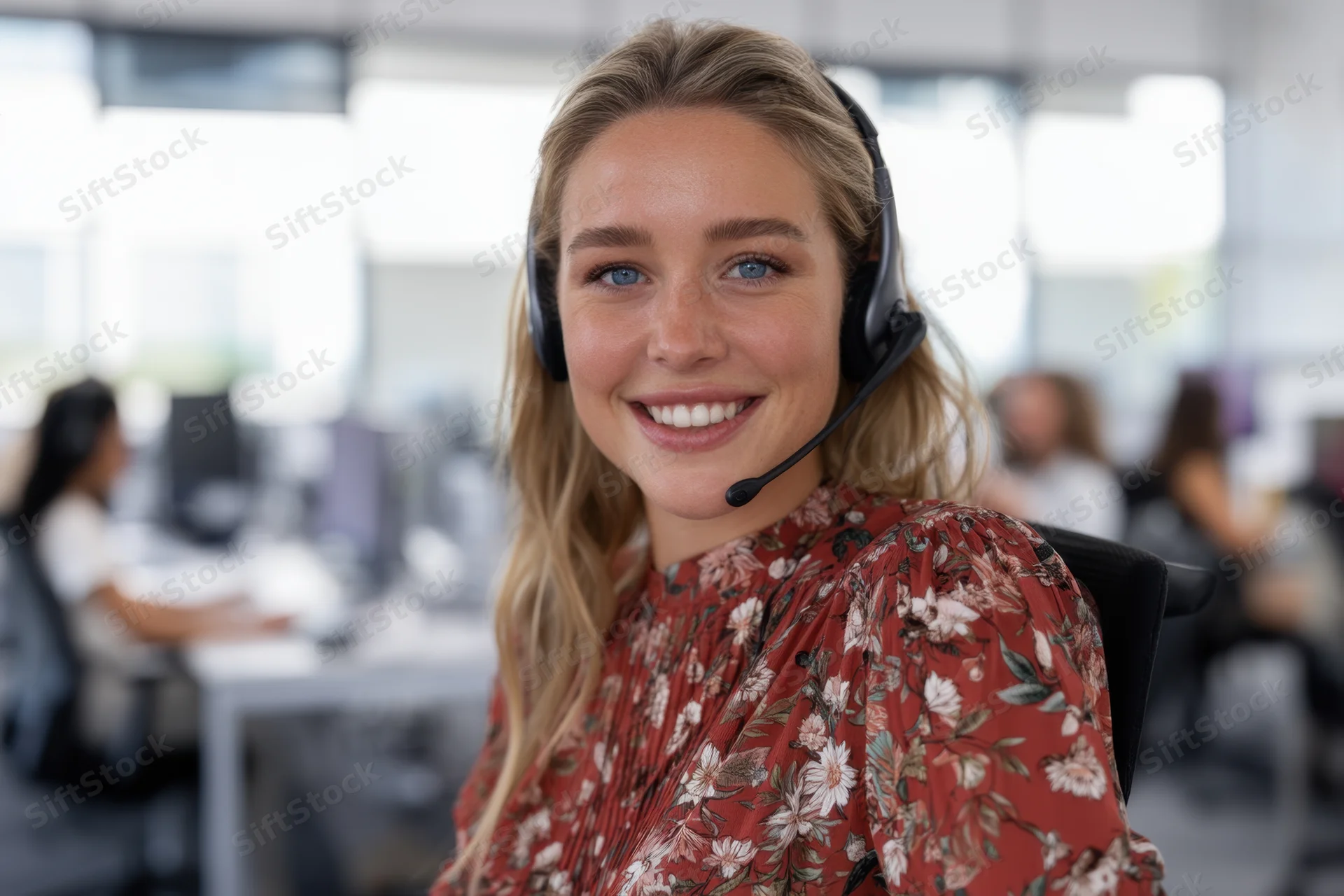 Young woman smiling while wearing headset in call center office