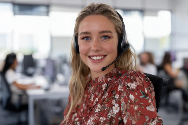Young woman smiling while wearing headset in call center office