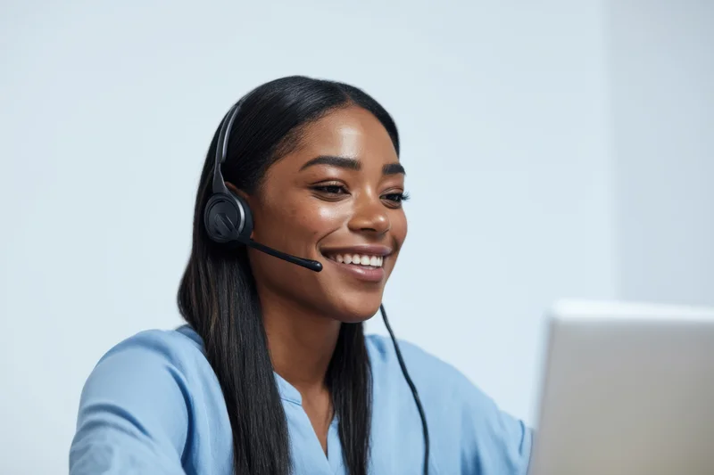 Young woman smiling while wearing headset and working at laptop in office setting