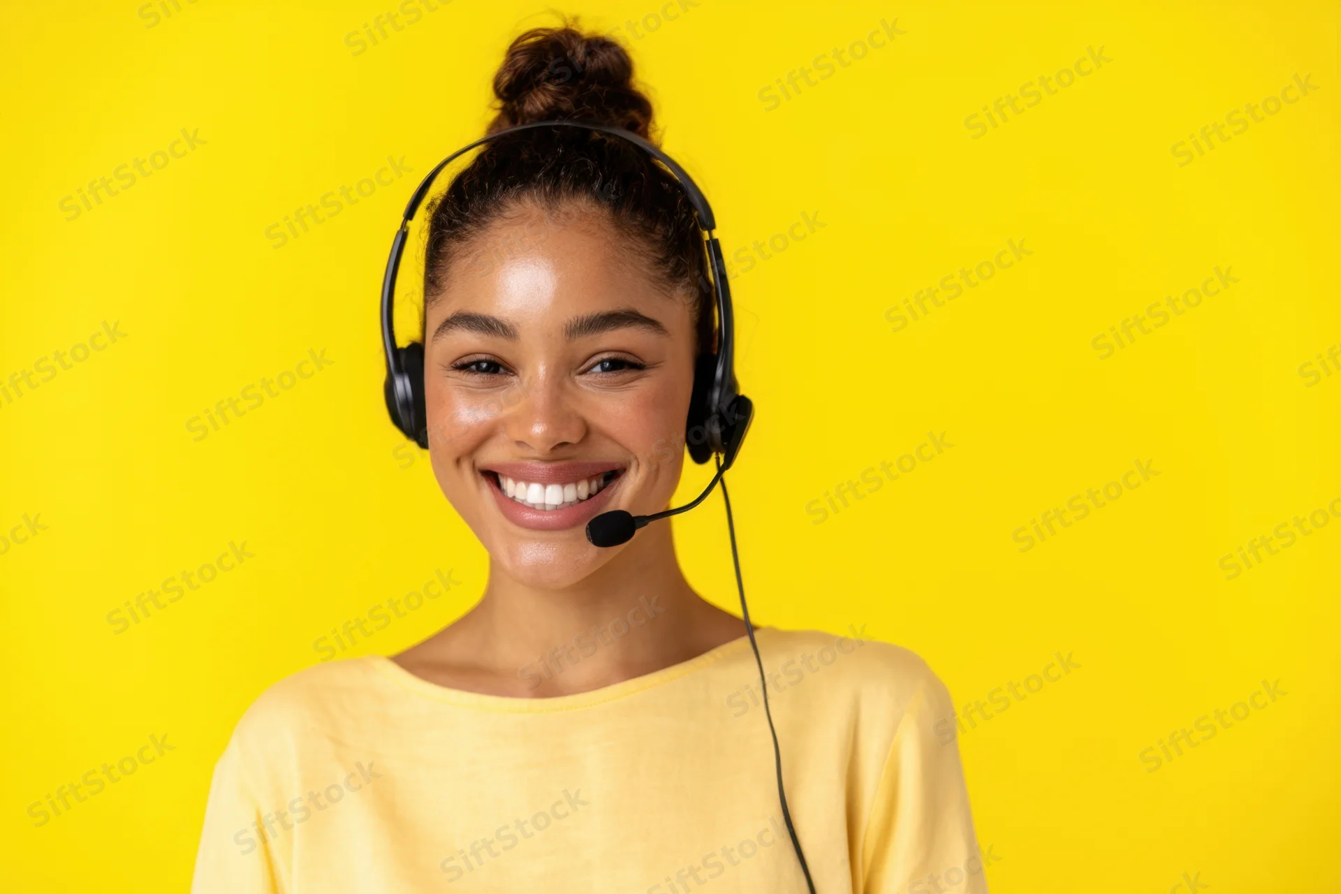Young woman smiling while wearing a headset with microphone against yellow background