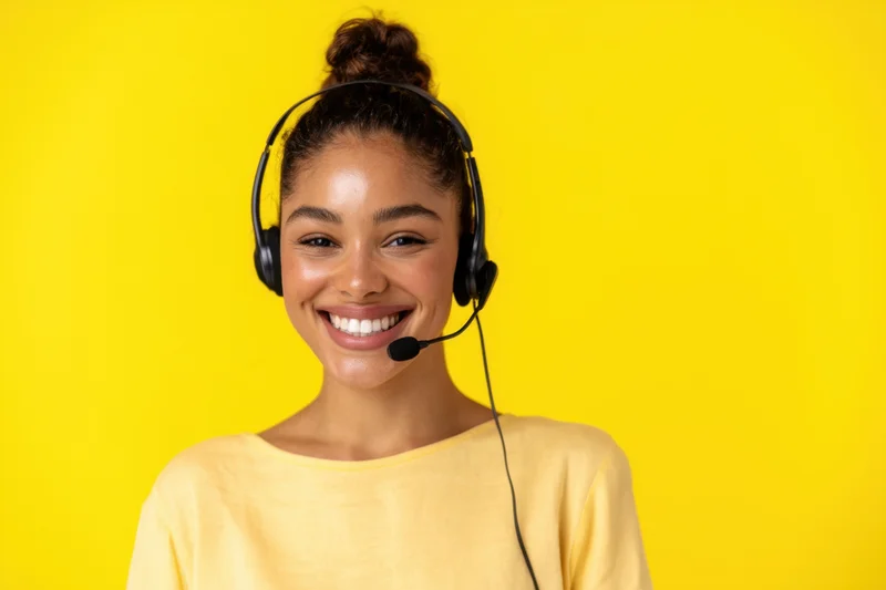 Young woman smiling while wearing a headset with microphone against yellow background