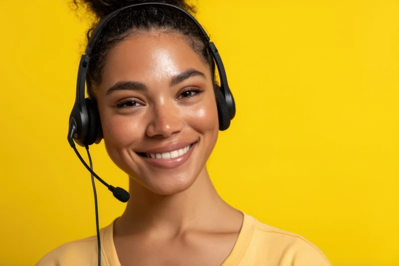 Young woman smiling while wearing a black headset with microphone against a yellow background