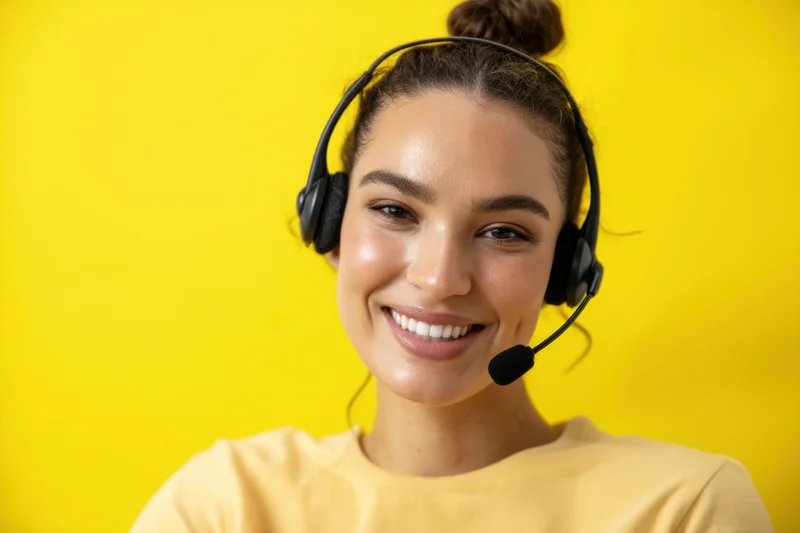Of a young woman wearing a black headset with microphone