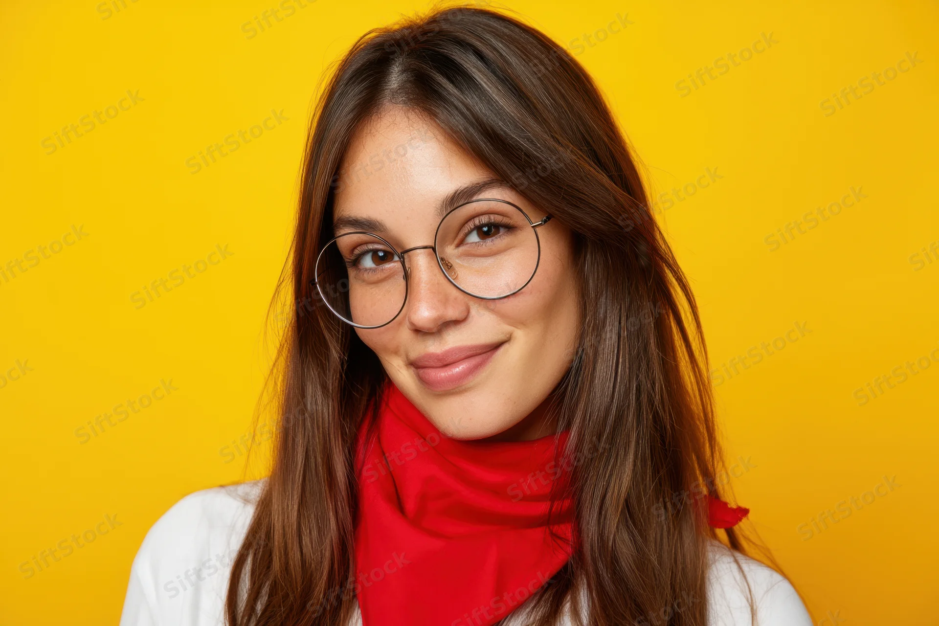 Young woman with long brown hair and round glasses smiling against yellow background wearing red scarf and white shirt